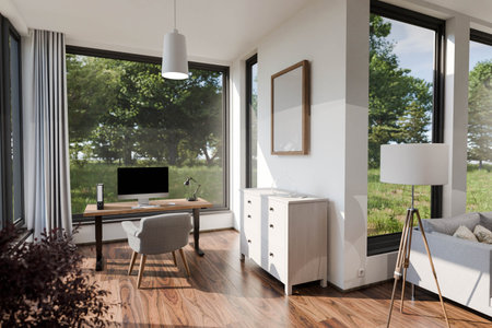 comfortable workplace pc on wooden desk in cozy living room; interior modern rural design; bright...