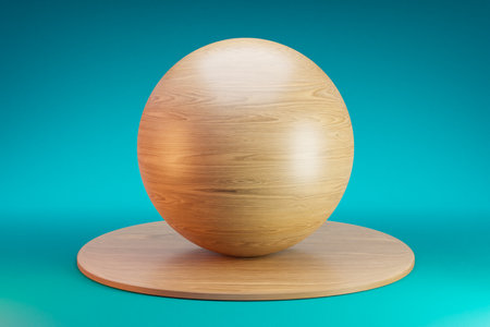 wooden podium with sphere ball on background; pedestal for beauty, cosmetic product presentation. copy space template, 3D illustrationの写真素材