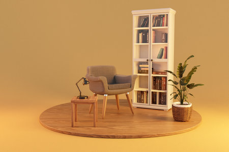 armchair in clean comfortable reading corner; white bookshelf on wooden podium and infinite background; 3D renderingの写真素材