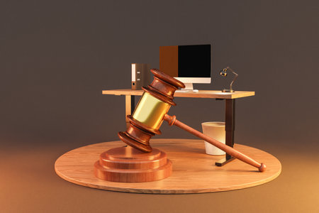 huge judge hammer standing in front of modern pc internet workspace on desk; infinite background; 3D renderingの写真素材
