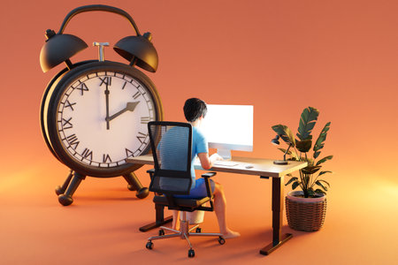 man sitting at pc office workplace on infinite background with alarm clock bell; workload stress burnout concept; 3D illustrationの写真素材