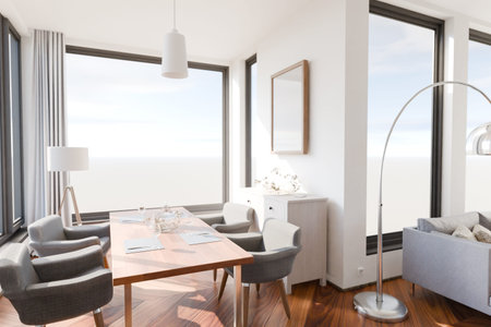 comfortable and dining and living room interior; rural design; bright sunlight in ; 3D renderingの写真素材