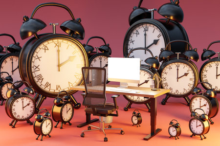 office workplace on infinite background surrounded by alarm clocks bell; workload stress burnout concept; 3D illustrationの写真素材