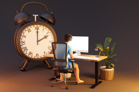 man sitting at pc office workplace on infinite background with alarm clock bell; workload stress burnout concept; 3D illustrationの写真素材