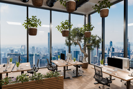 modern contemporary office with pc workspaces and indoor plants vertical garden; panoramic view rural landscape; sustainability work environment; 3D renderingの写真素材