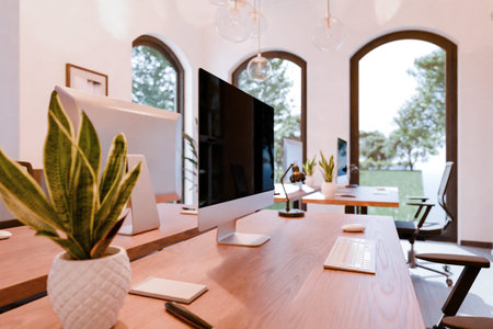 luxurious loft apartment with floor-to-ceiling windows and panoramic view; modern minimalist...