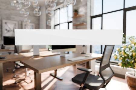 transparent text box in front of modern minimalistic pc workspace in luxurious office and panoramic view; remote work home office concept; bright daylight; 3D renderingの写真素材