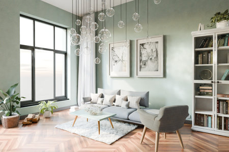 luxurious apartment with floor-to-ceiling windows and panoramic view; modern minimalist interior design of living room and dining room area; bright daylight; 3D renderingの写真素材