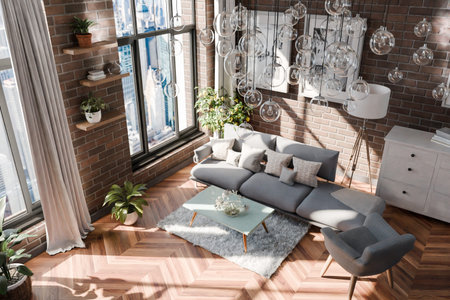 top down view on couch living room interior design; contemporary luxurious design ideas and concepts; glass hanging lamps on ceiling and panoramic big city skyline view; 3D renderingの写真素材