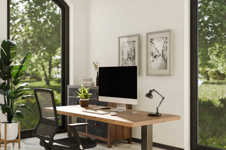 view from angle on modern clean pc workplace; black monitor with copy space; minimalist office...