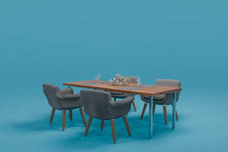 dining room table with decoration and design chairs on wooden podium, isolated on infinite background; 3D speaker ringの写真素材
