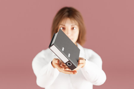 woman showing ring binder in open hands presenting giving gesture; concept bureaucracy on infinite background; 3D renderingの写真素材