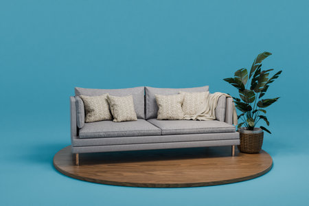 cozy couch with green indoor plant on podium, isolated on infinite background; 3D speaker ringの写真素材