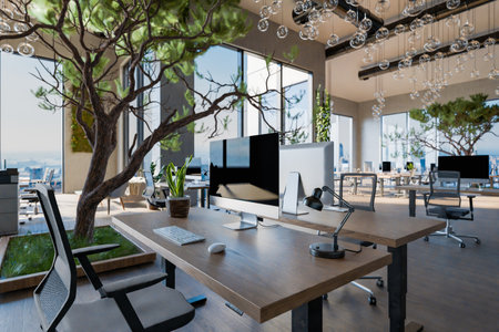 innovative open space office with tech industry workplaces and greenery; environmentally friendly contemporary building; 3D renderingの写真素材