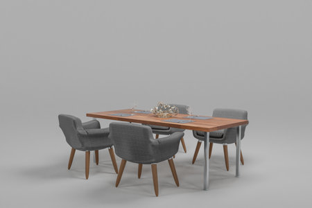 dining room table with decoration and design chairs on wooden podium, isolated on infinite background; 3D speaker ringの写真素材