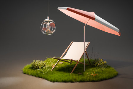 Holiday idyll with sun lounger and parasol on a grassy area isolated on infinite background; hanging lamp global warming concept; 3D renderingの写真素材