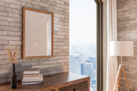 wooden dresser wardrobe standing in room corner; bright daylight shining from large window; empty mock up poster frame standing on furniture; home decoration design; 3D renderingの写真素材