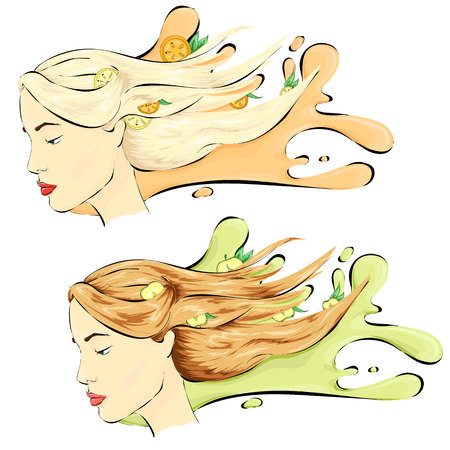 Healthy hair, hair care shampoo two variants blondie and brown-hairedのイラスト素材