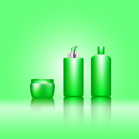 Premium cosmetic ads, green bottle . 3D vector illustration.のイラスト素材