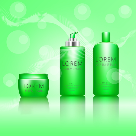 Premium cosmetic ads, green bottle with ingredients on the bubbles. 3D vector illustration.のイラスト素材