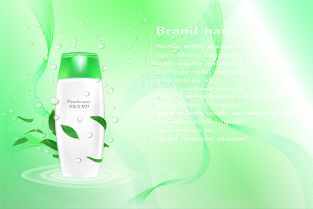 Shampoo vector in green background with drops fresh mint leafs green. Clean your bodyのイラスト素材