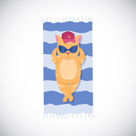Cool Ginger Cat in Sunglasses Sunbathing on the Towel. Animal Cartoon Character. Summer Vector Illustration. Isolated on white background.のイラスト素材