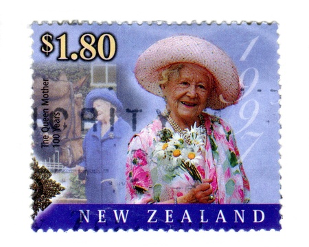New Zealand July 27th 2000: Special edition commemorative stamp issued to mark the 100th birthday of HM. Queen Elizabeth the Queen Mother. She is depicted here in 1997.のeditorial素材