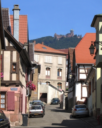 SAINT HIPPOLYTE, FRANCE, JULY 16  The pretty wine trail village of St Hippolyte, on July 16th 2013  It is a popular tourist destination in the Alsace, and is overlooked by Haut Koenigsbourg Castle                                 のeditorial素材