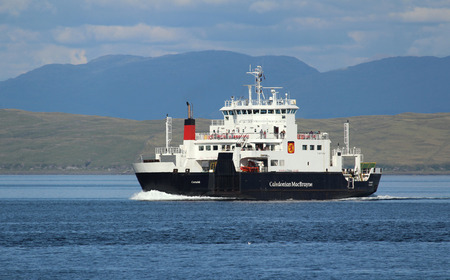 MULL, SCOTLAND, 25 JULY 2018: MV Coruisk sailing in the sound of Mull. It is a Caledonian Maritime Assets Ltd ferry built in 2003, operated by Caledonian MacBrayne, serving the west coast of Scotland.のeditorial素材