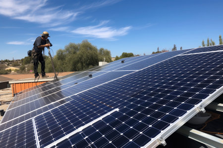 Photovoltaic modules for renewable electric energy production. Worker at work.の素材