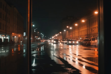Night city street with cars, lights and reflections in wet asphalt.の素材