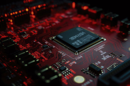 Close-up of electronic circuit board with microchips and chipsの素材