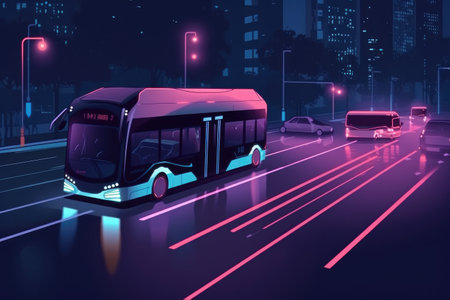 Bus on the road in the city at night, 3d renderingの素材