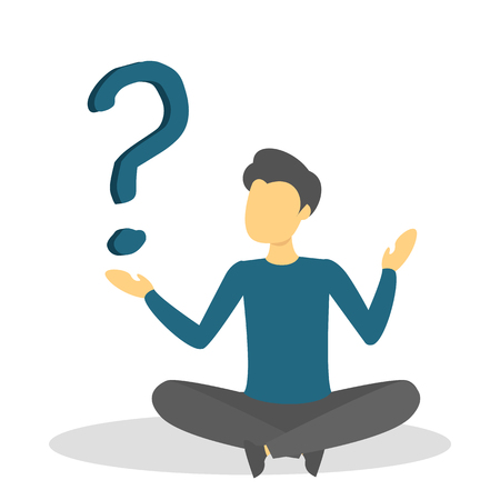 Man sitting in doubt at the big question mark. Problem and search for solution. Person in confusion. Vector illustration in flat styleのイラスト素材