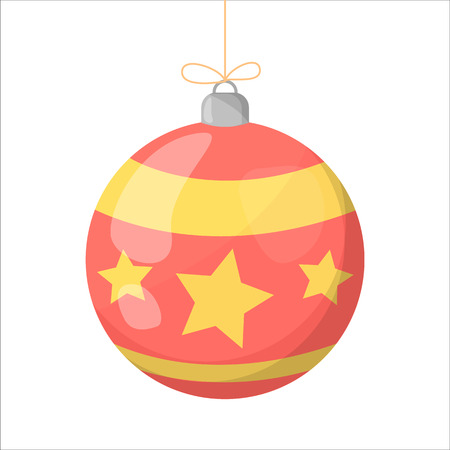 Christmas ball of the red bright color with star. Colorful circle for decoration. Holiday on christmas. Vector illustration in flat styleのイラスト素材