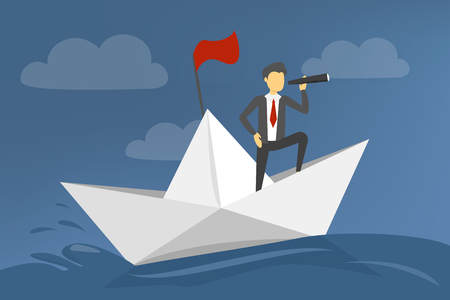 Businessman on paper boat sailing in sea. Direction of business and management. Ship in water. Metaphor illustration of leadership.のイラスト素材