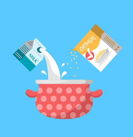 Porridge for breakfast recipe kit. Put flakes and milk in a boiling water for breakfast. People on diet. Morning oatmeal illustration. Vector design. Pot and granola.のイラスト素材