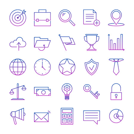 Set of business icon. Design of sign and symbol for presentation and app. Group of element with idea and diagram. Collection of line target, briefcase and other information flat icons.のイラスト素材