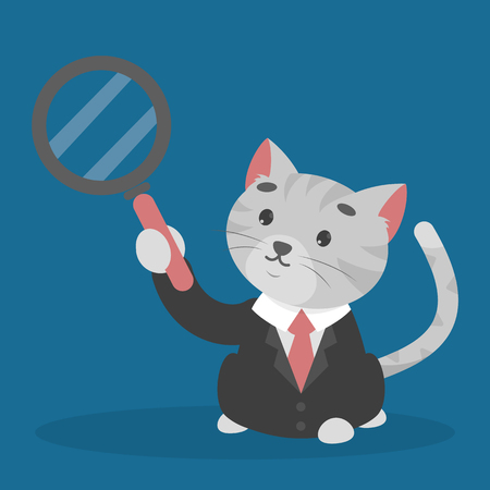 Businessman cat in suit holding magnifying glass in paw. Research and analysis. Detective or office work.のイラスト素材