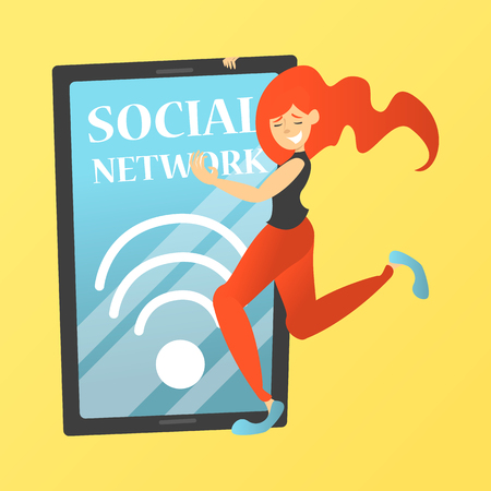 Happy girl hug mobile phone with social network. Person with internet addiction. Smart technology problem. Dependence from smartphone illustrationのイラスト素材