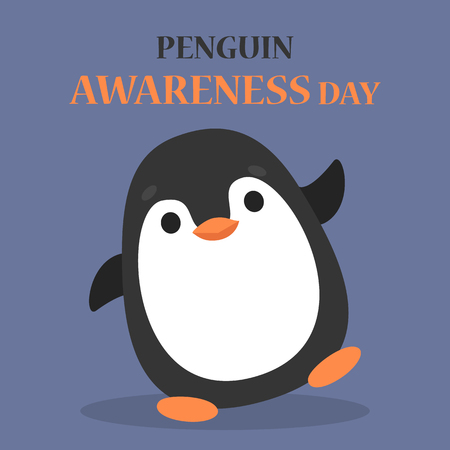 Penguin Awareness Day greeting card. Animal balancing. Banner for holiday. Save environment concept. Polar cute funny bird. Penguin day advertisement.のイラスト素材