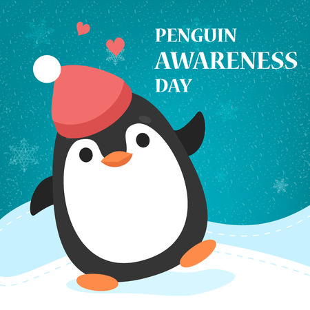 Penguin Awareness Day greeting card. Animal balancing. Banner for holiday. Save environment concept. Polar cute funny bird. Penguin day advertisement.のイラスト素材