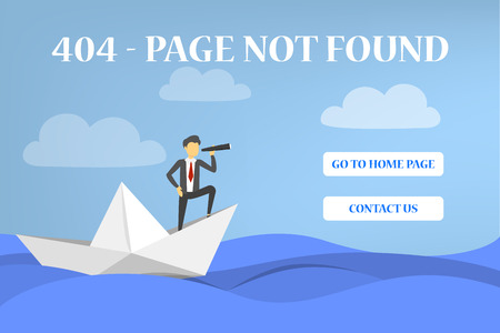 404 error page not found banner for website. Web page design concept. Man on the boat is lost. Problem with internet and lost connection.のイラスト素材
