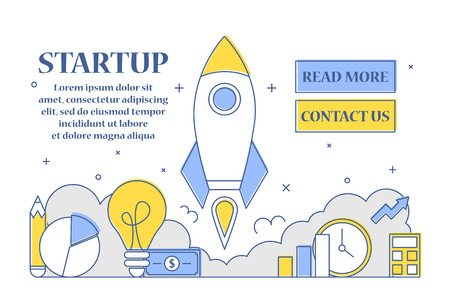 Startup web banner line art style. Business development and creative idea concept. Launch new project. Rocket flying up as metaphor of new idea.のイラスト素材