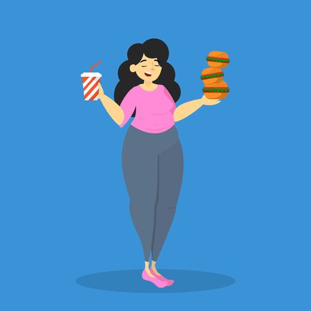 Fat overweight woman eat junk food. Adult eating burger and soda. Unhealthy nutrition, fast food and addiction.のイラスト素材