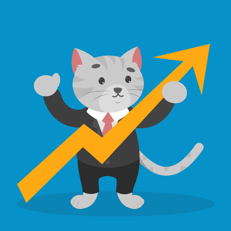 Business cat in a suit holding arrow rising up. Profit and progress, achievement and success. Personal improvement. Professional occupation.のイラスト素材