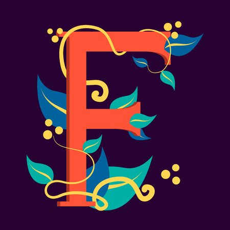 Letter symbol F. Design of logotype with leaf. Graphic design and branding, creative typescript. Abstract alphabet.のイラスト素材