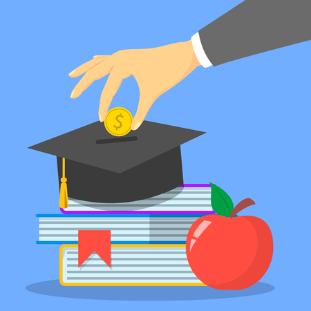 Investment in education concept web banner. University graduation cap. Financial savings for study. Golden dollar coin falling. Scholarship and capital.のイラスト素材