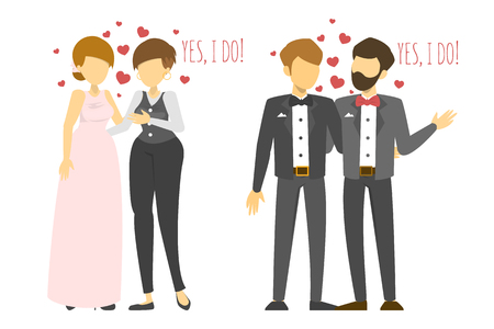 Gay wedding. Homosexual couple in suit and dress. Lesbian marriage celebration. Romantic female and male relationship.のイラスト素材