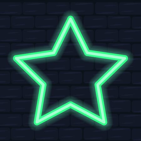 Star neon frame, angular shape. Electric decoration for night club. Bright signboard vector. Shiny billboard, green color on the brick wall.のイラスト素材